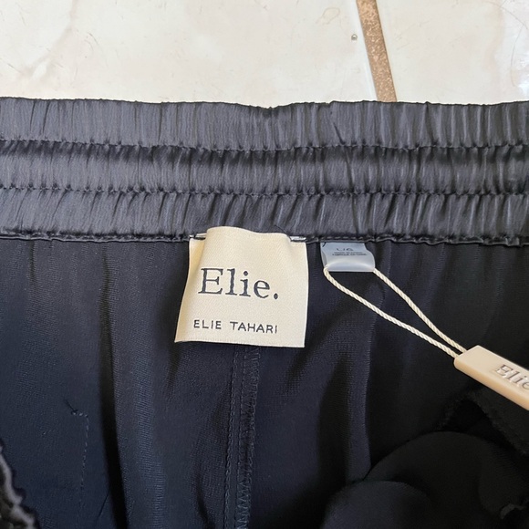 ELIE. ELIE TAHARI NWT! Black Satin Silky High Rise Drawstring Wide Leg Pants L - Picture 9 of 10